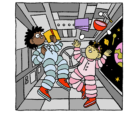 Cartoony astronauts in a space shuttle floating